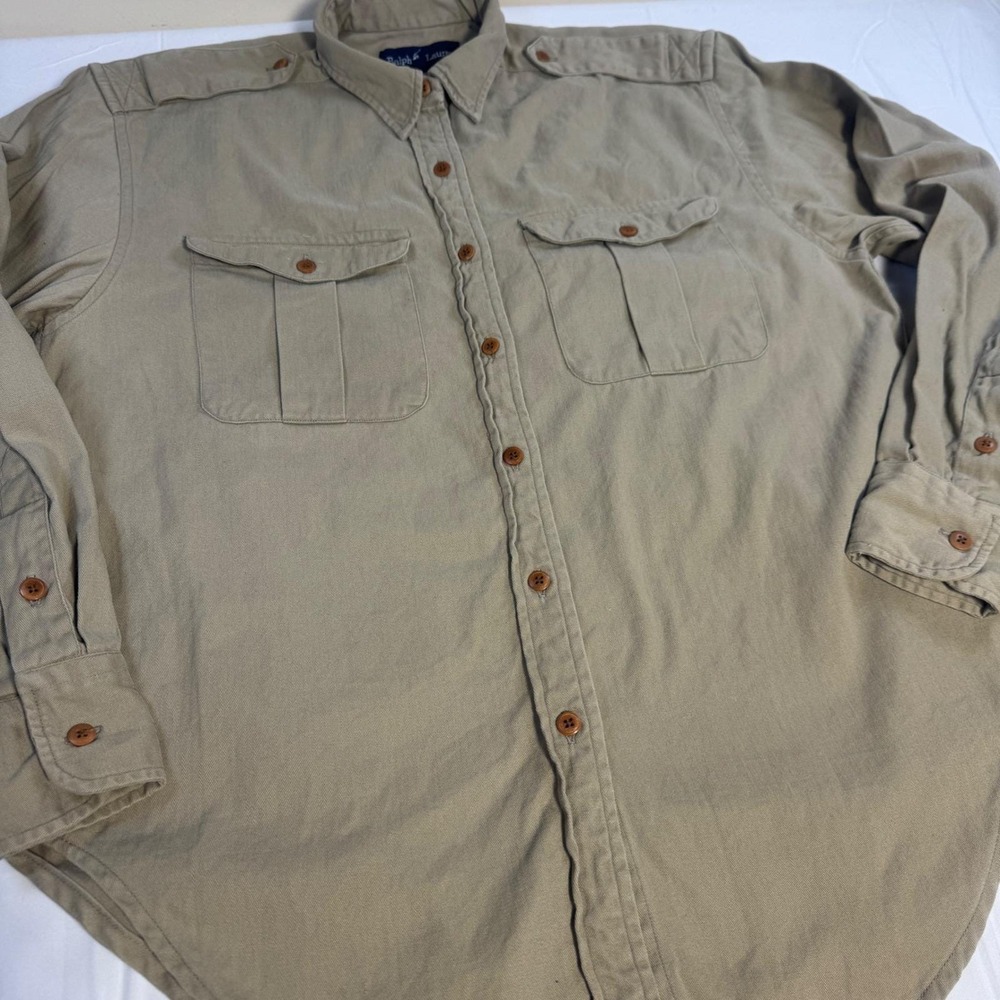 Ralph Lauren Mens Safari Military Field Shirt Khaki Tan Cotton Twill Size 8 - Picture 7 of 11